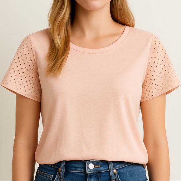 Blush Pink Eyelet Sleeve Tee | J.Crew Factory | Size XL - Picture 1 of 13